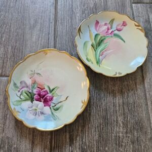 Vintage Pickard Hand Painted Plates Set of 2 Floral Scalloped Gold Gilt 6"